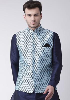 Men Blue Printed Woven Dupion Silk Nehru Jacket