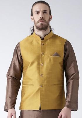 Men Gold Coloured Solid Dupion Silk Woven Nehru Jacket