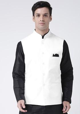 Men White Solid Woven Dupion Silk Nehru Jacket