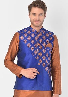 Men Blue And Bronze Coloured Printed Jacquard Silk Nehru Jacket