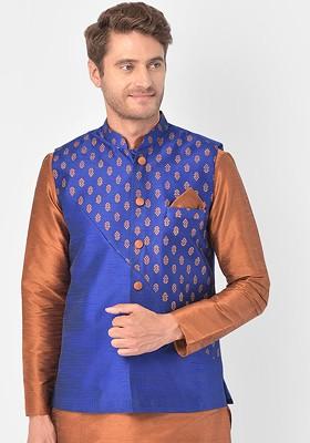 Men Blue And Gold Coloured Woven Dupion Silk Nehru Jacket