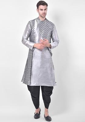 Men Silver Toned And Black Ethnic Motifs Printed Angrakha Kurta With Dhoti Pants
