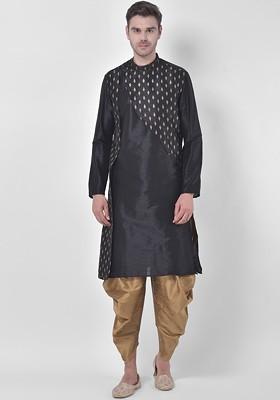 Men Black And Gold Toned Ethnic Motifs Printed Straight Kurta With Dhoti Pants