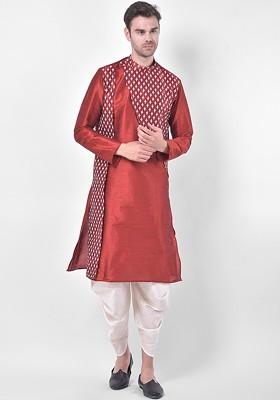 Men Red Foil Print Kurta