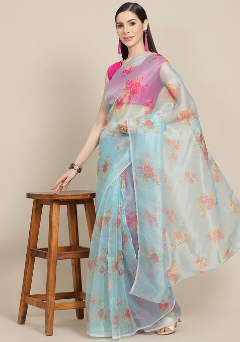 Blue And Pink Floral Celebrity Organza Saree