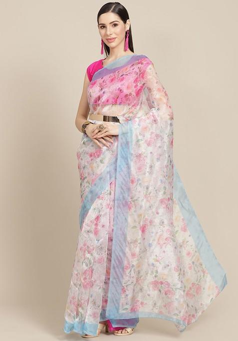 White And Pink Floral Celebrity Organza Saree