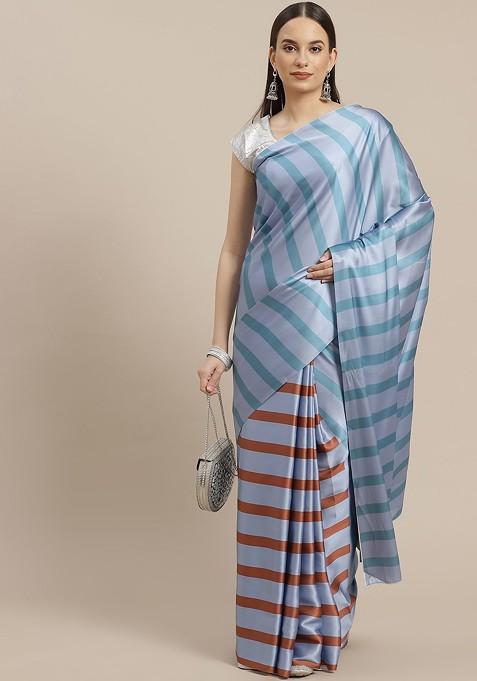 Blue And Maroon Striped Satin Half and Half Saree