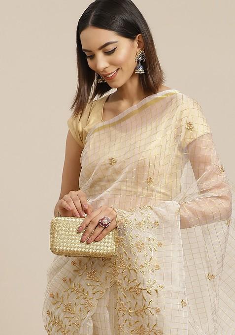 Off White And Golden Checked Embroidered Organza Saree