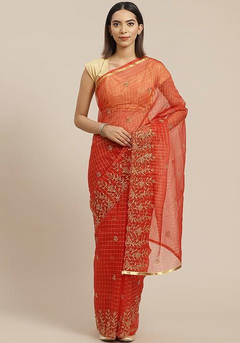 Orange And Golden Checked Embroidered Organza Saree