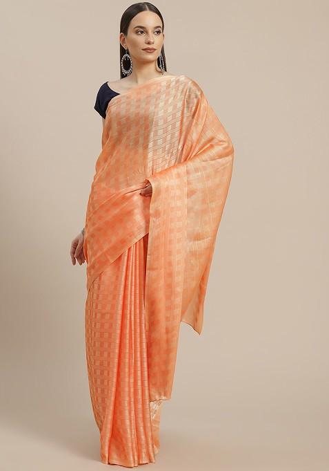 Orange And Blue Checked Embroidered Saree