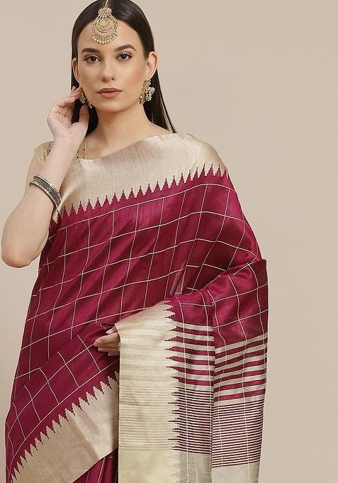 Burgundy And Beige Checked Saree