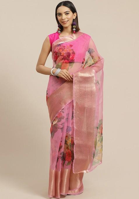 Pink And Red Floral Print Organza Saree