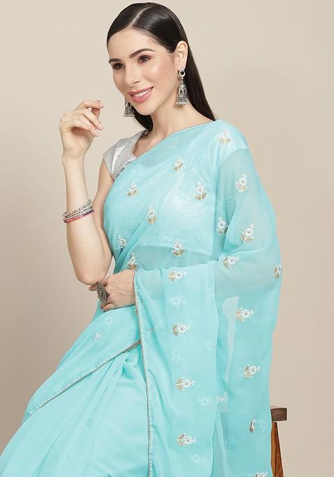 Sea Green And White Ethnic Motifs Embroidered Saree