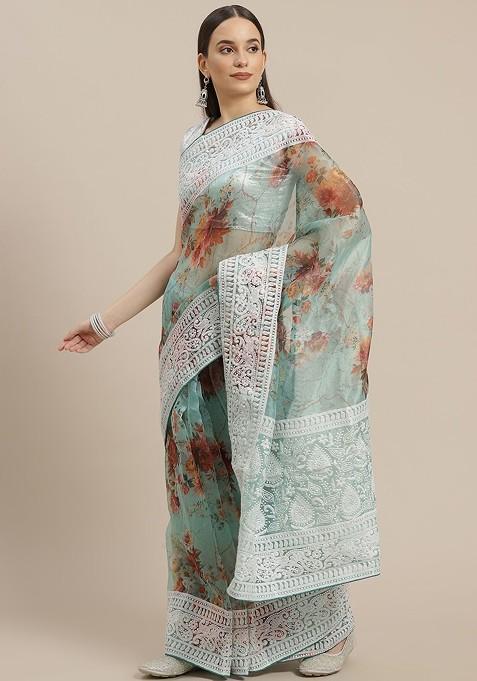 Sea Green And Brown Floral Embroidered Celebrity Organza Saree