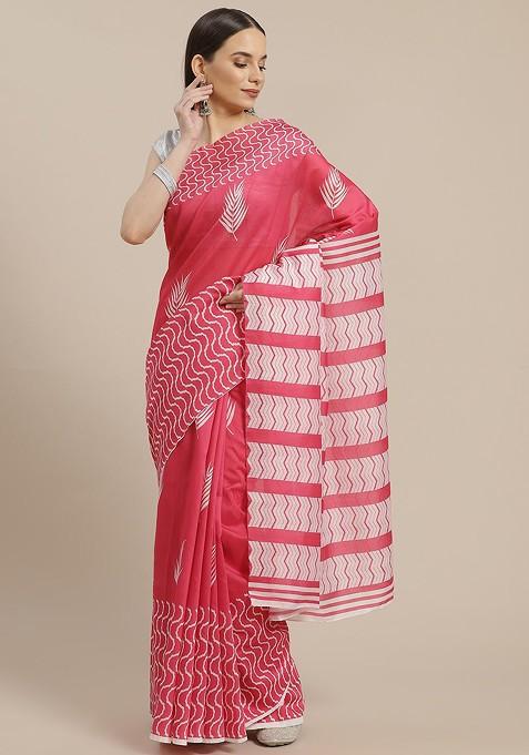 Pink And Off White Ethnic Motifs Chanderi Saree