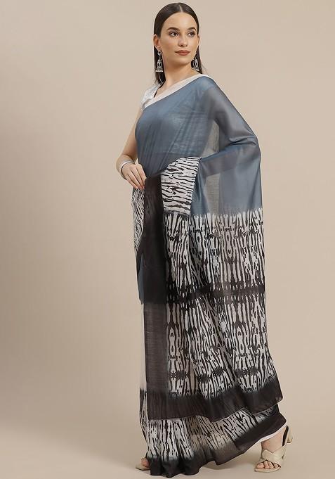 Grey And White Chanderi Saree