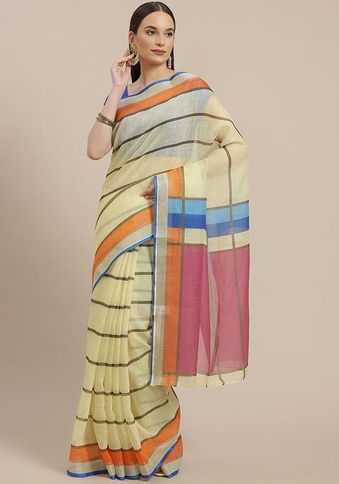 Women Yellow And Navy Blue Striped Linen Blend Saree