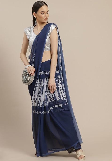 Navy Blue And Off White Tie and Dye Saree