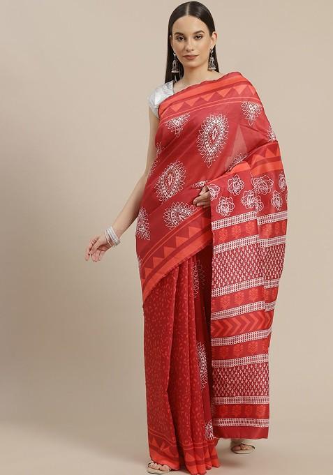 Maroon And Off White Ethnic Motifs Chanderi Saree