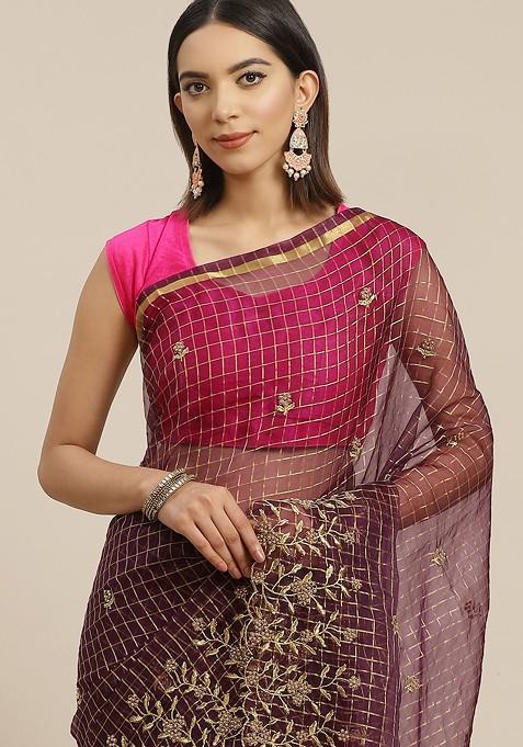 Burgundy And Golden Checked Embroidered Organza Saree