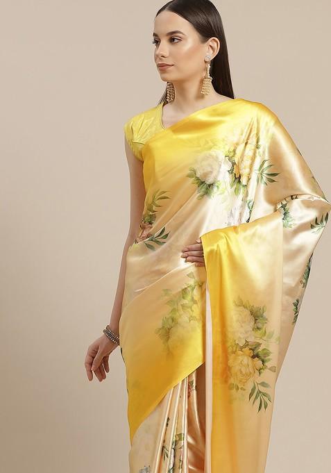 Yellow And Green Floral Print Satin Saree