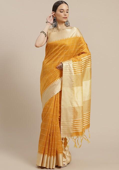 Mustard Yellow And Beige Checked Saree