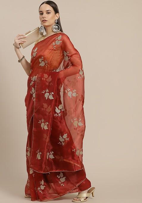 Rust Orange And Beige Ethnic Motifs Embellished Organza Saree