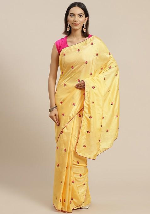 Yellow And Pink Floral Celebrity Saree