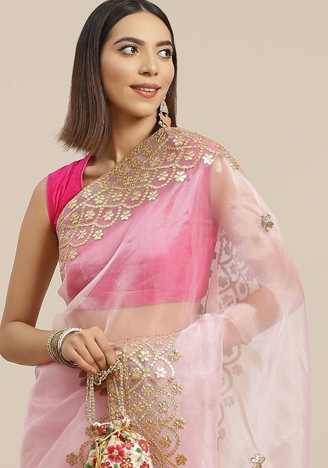 Pink And Golden Embroidered Organza Saree