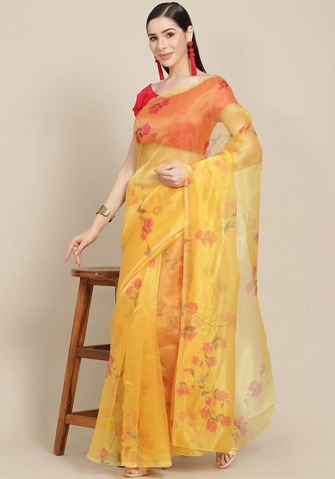 Yellow And Orange Floral Celebrity Organza Saree