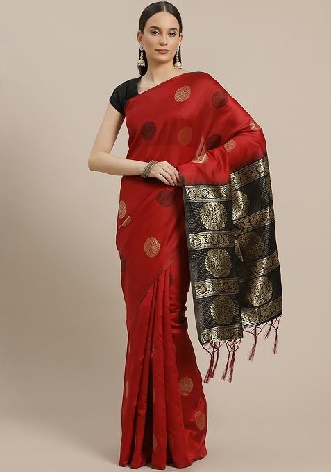 Women Red And Black Ethnic Motifs Art Silk Banarasi Saree