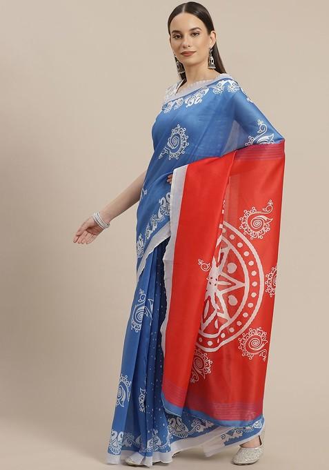 Blue And White Ethnic Motifs Chanderi Saree