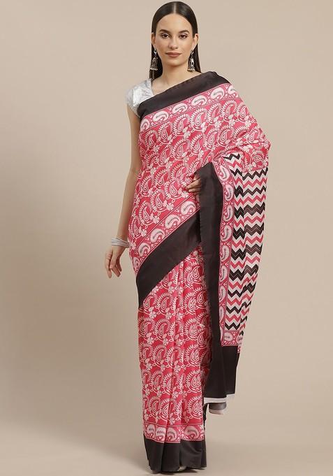 Pink And White Paisley Print Chanderi Saree