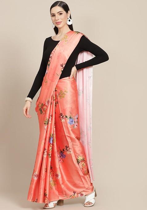 Peach-Coloured And Green Floral Satin Saree