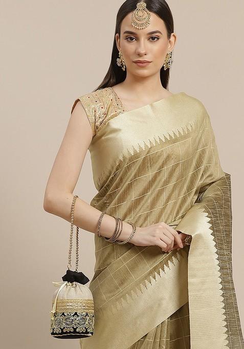 Khaki And Golden Woven Design Checked Silk Blend Saree