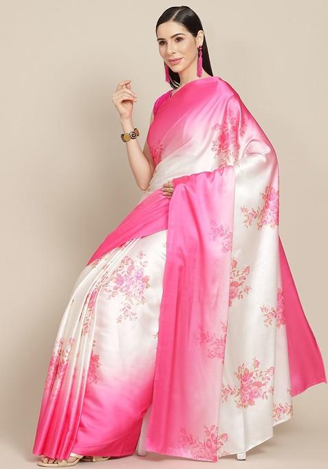 Pink And White Floral Print Satin Finish Saree