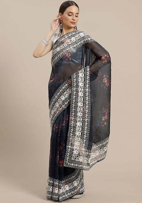 Navy Blue And Golden Checked Organza Celebrity Saree