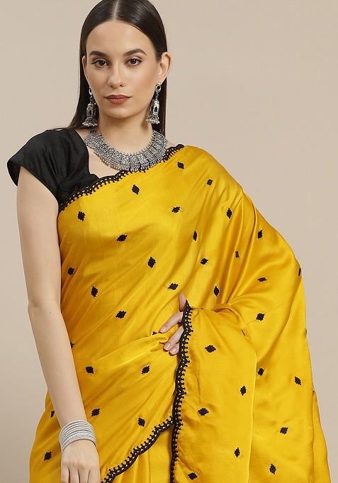 Mustard And Black Embroidered Silk Blend Saree