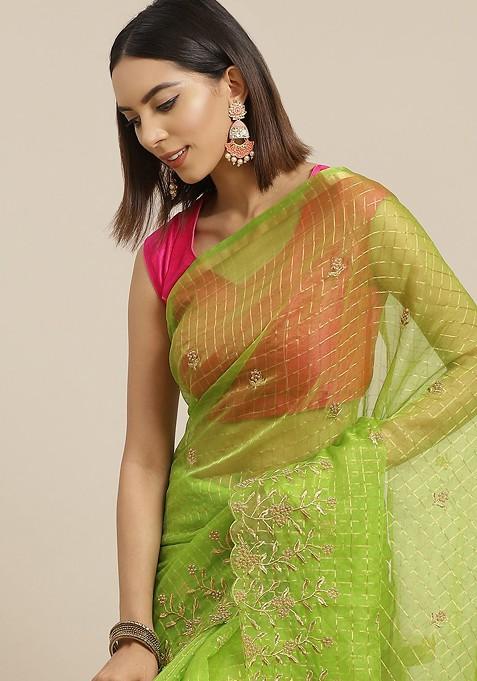 Green And Golden Checked Embroidered Organza Saree