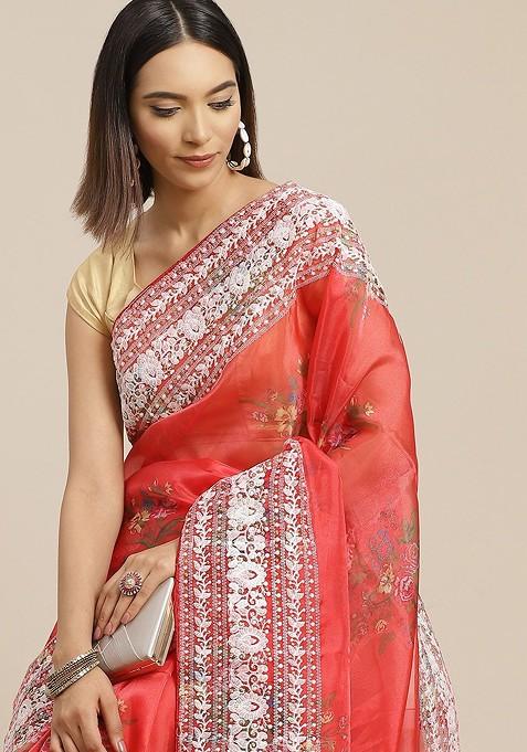 Red And White Floral Embroidered Organza Saree