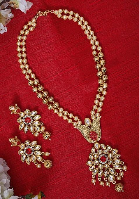 Red Gold Plated Kundan Studded Handcrafted Jewellery Set