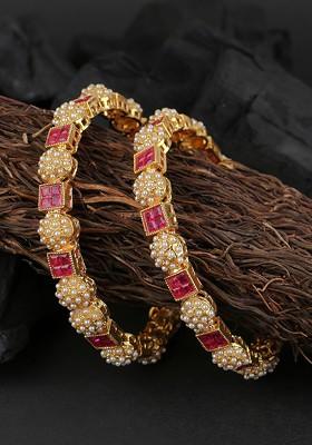 Set Of 2 24 CT Gold Plated And Pink Stone Studded Bead Handcrafted Bangles