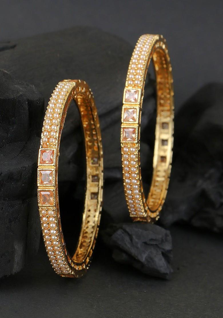 Set Of 2 Gold Plated And Beige Stone Studded Handcrafted Bangles