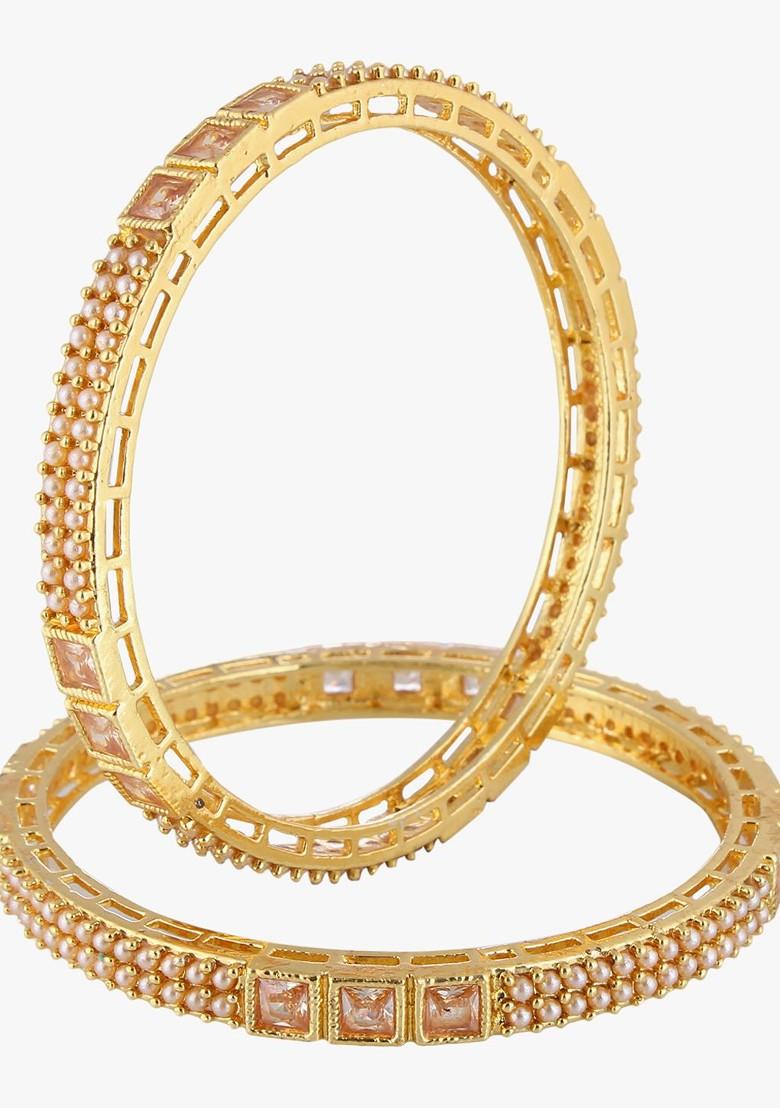 Set Of 2 Gold Plated And Beige Stone Studded Handcrafted Bangles