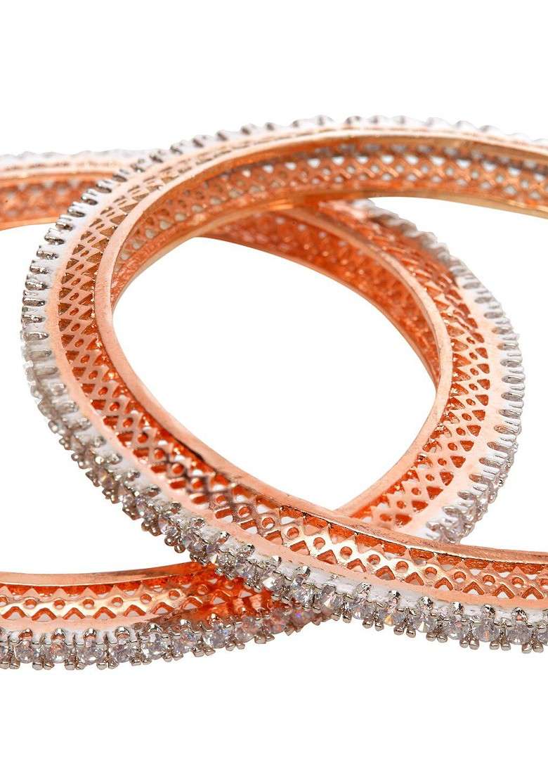 Set of 2 Rose Gold Plated White AD Studded Handcrafted Bangles - Indya