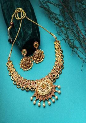 24 CT Gold Plated Red And Green Stone Studded And Bead Antique Jewellery Set