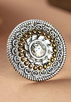Silver Plated Copper Toned Round Shape Floral Adjustable Handcrafted Finger Ring