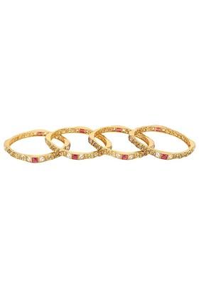 Set Of 4 24 CT Gold Plated White And Red Stone Studded Handcrafted Bangles
