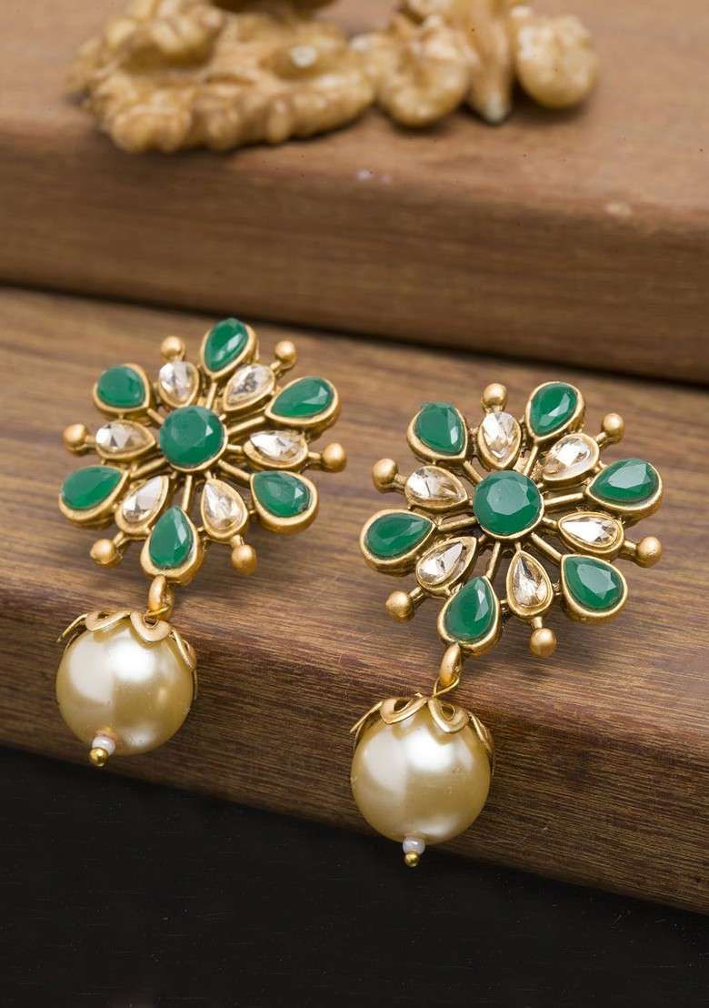 Gold Toned Floral Handcrafted Drop Earrings - Indya
