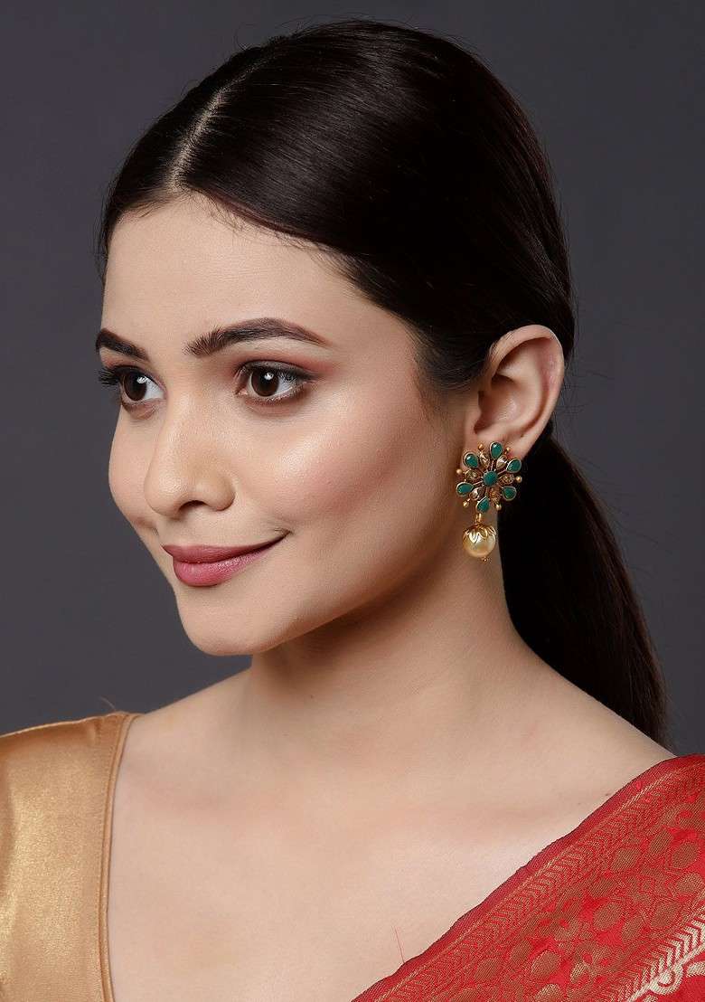 Gold Toned Floral Handcrafted Drop Earrings - Indya